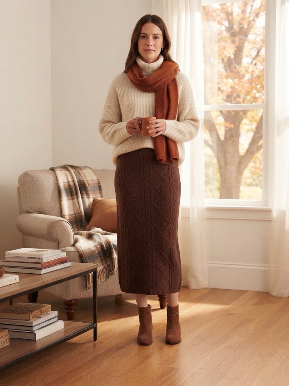 NEW Brown Cable Knit Stretchy Bodycon Midi Sweater Skirt